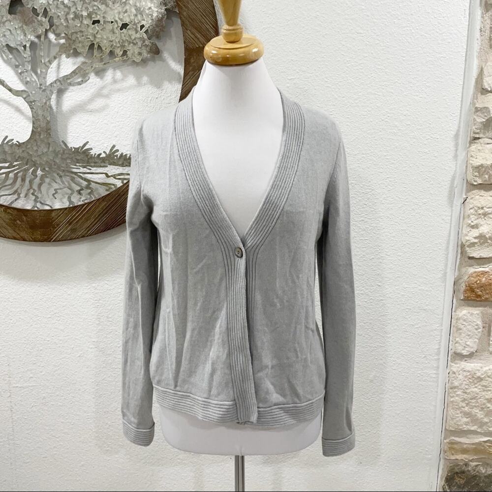 Forte Cashmere Ribbed Back One Button Front Cardigan Gray Medium